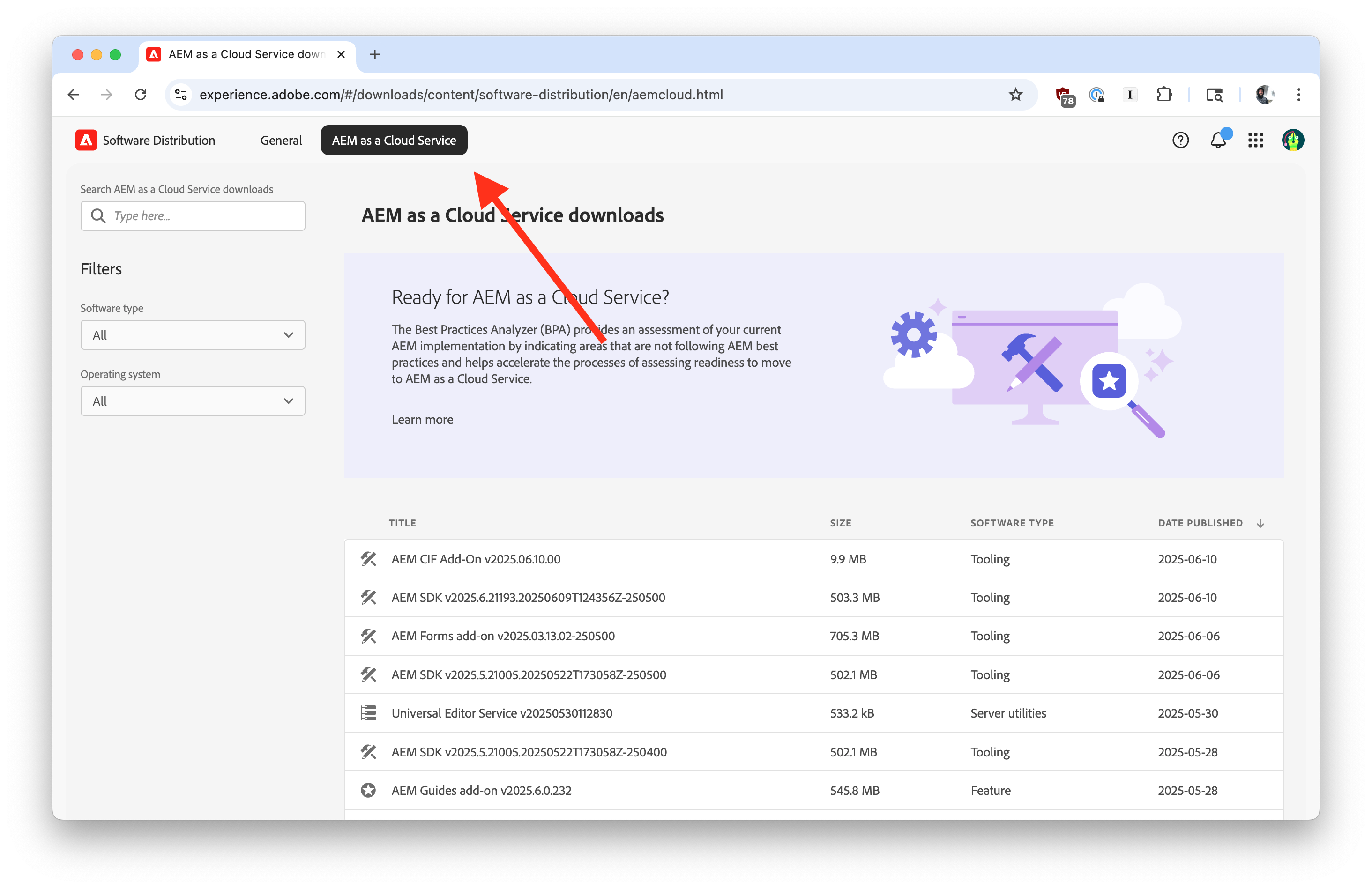 AEM Software Distribution Tab